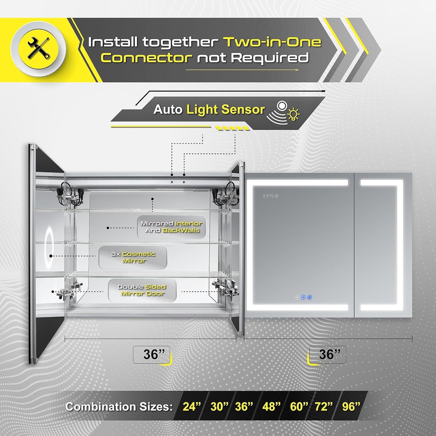LED Mirror Medicine Cabinet Recessed or Surface, Defogger, Dimmer, Clock, Room Temp Display, Makeup Mirror 3X, Outlets & Usbs (Rubini 36X32)