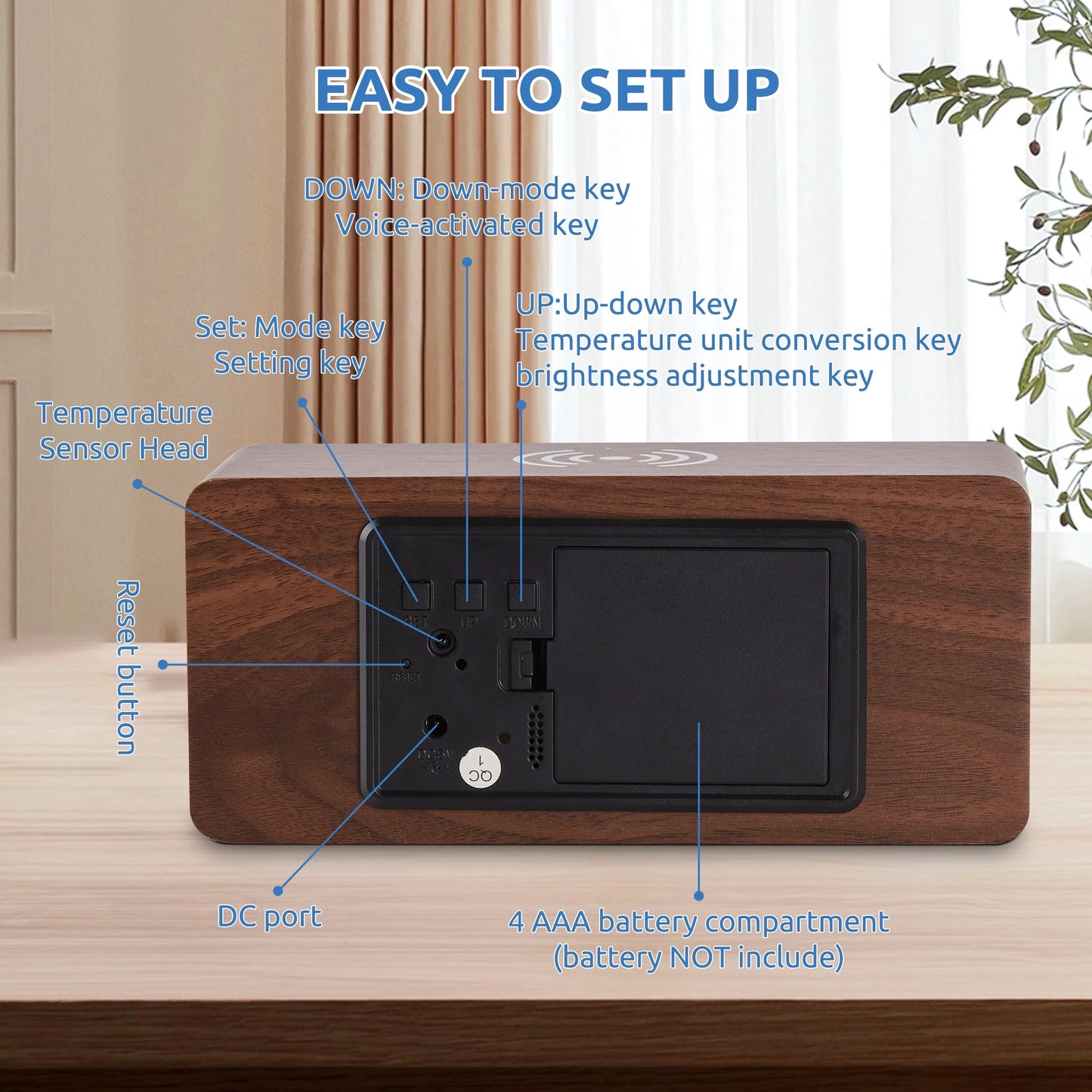 Wooden Digital Alarm Clock with Wireless Charging Stylish LED Display for Bedrooms Adjustable Brightness and Voice Control Alarm Clock Perfect for Desks-Brown