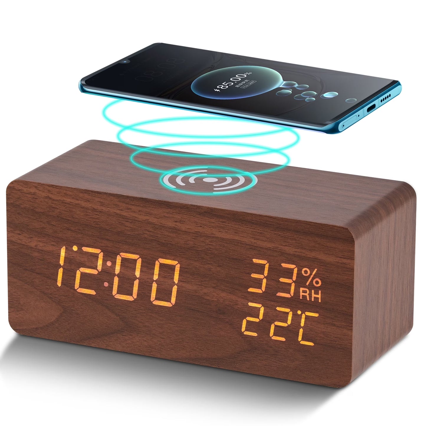 Wooden Digital Alarm Clock with Wireless Charging Stylish LED Display for Bedrooms Adjustable Brightness and Voice Control Alarm Clock Perfect for Desks-Brown