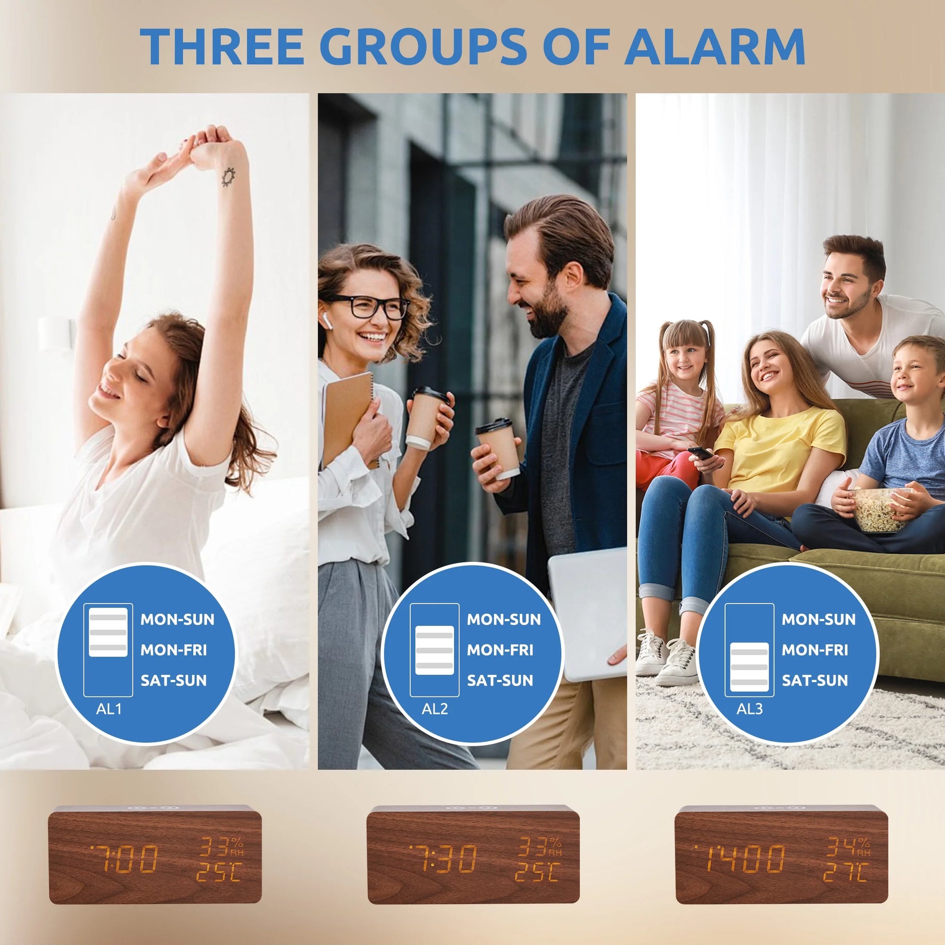 Wooden Digital Alarm Clock with Wireless Charging Stylish LED Display for Bedrooms Adjustable Brightness and Voice Control Alarm Clock Perfect for Desks-Brown