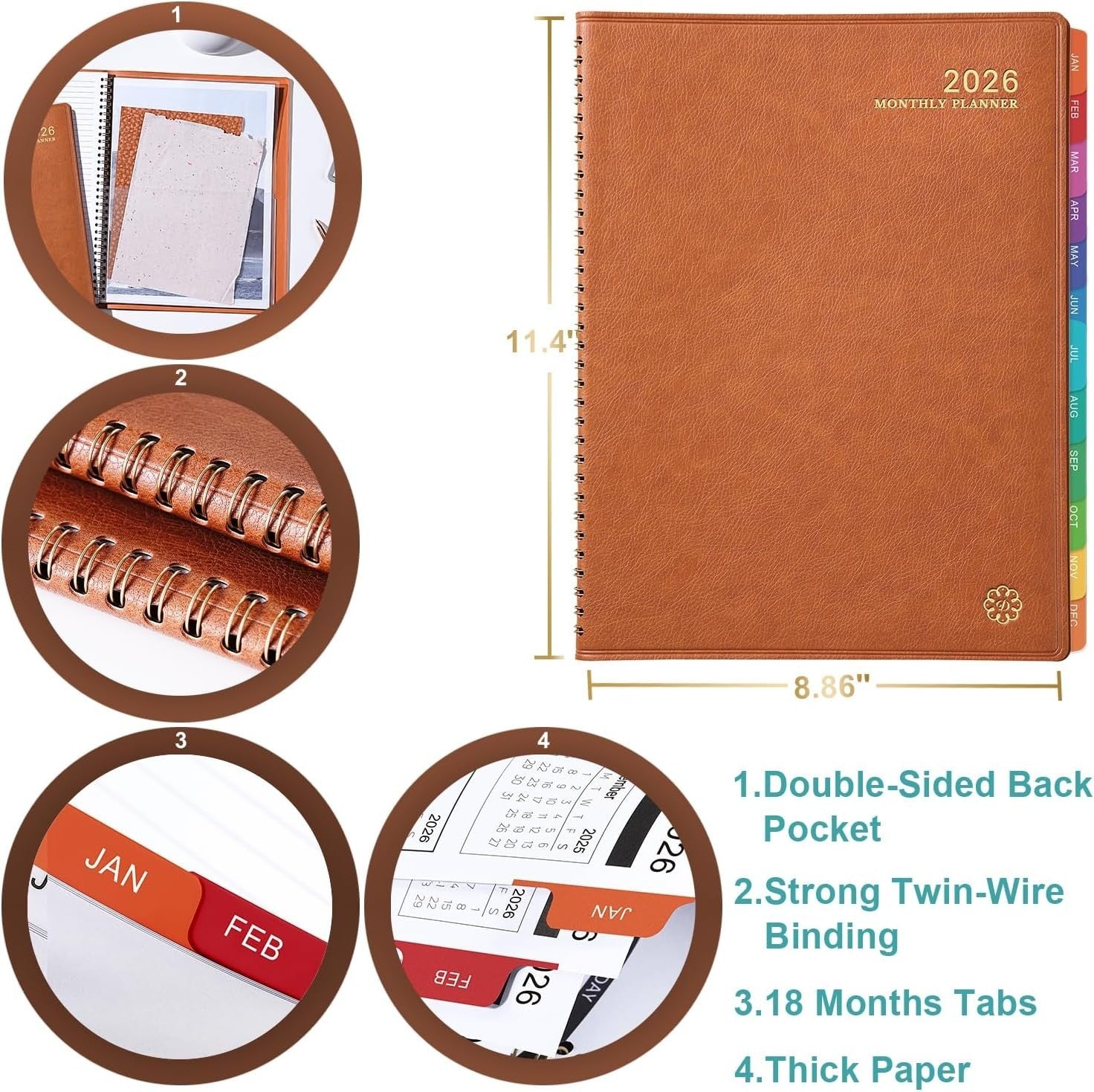 Monthly Planner 2026 Twin-Wire Organizer Leather Cover 12 Month Planner, Brown
