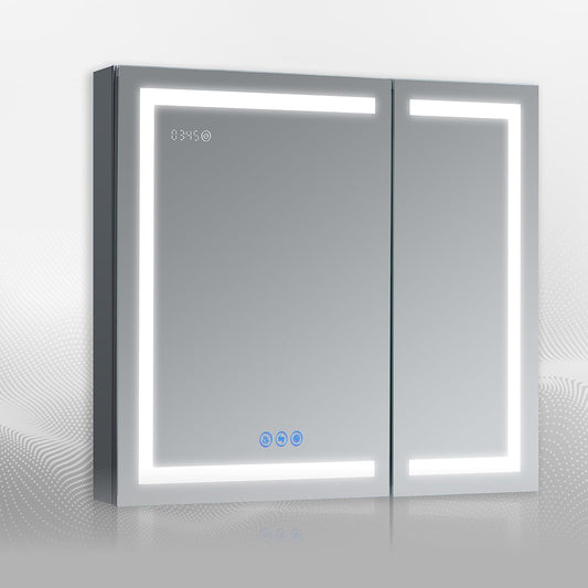 LED Mirror Medicine Cabinet Recessed or Surface, Defogger, Dimmer, Clock, Room Temp Display, Makeup Mirror 3X, Outlets & Usbs (Rubini 36X32)