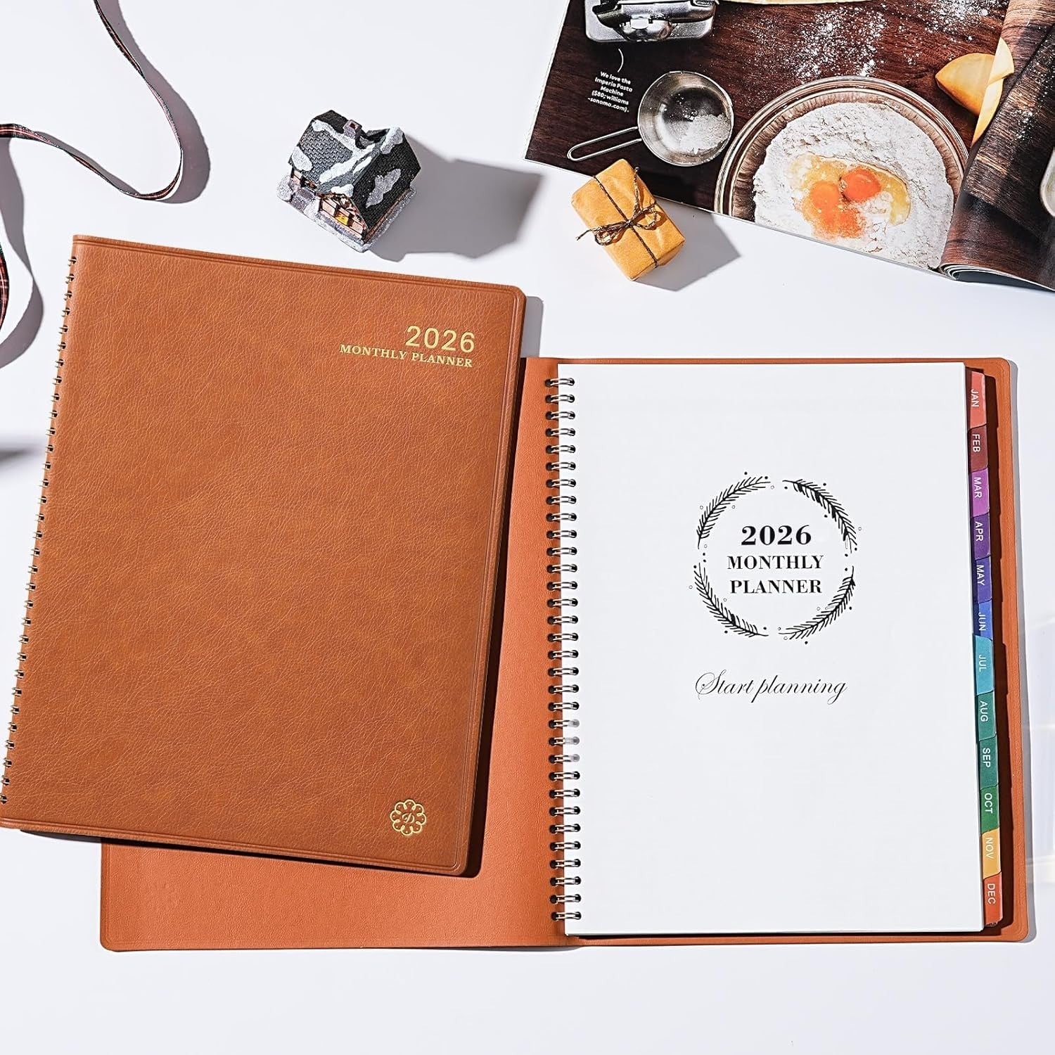 Monthly Planner 2026 Twin-Wire Organizer Leather Cover 12 Month Planner, Brown