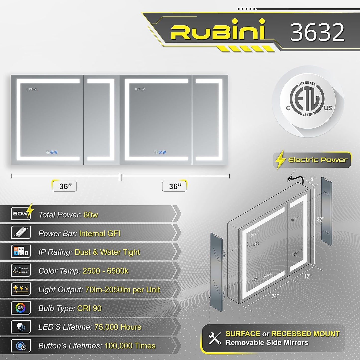 LED Mirror Medicine Cabinet Recessed or Surface, Defogger, Dimmer, Clock, Room Temp Display, Makeup Mirror 3X, Outlets & Usbs (Rubini 36X32)