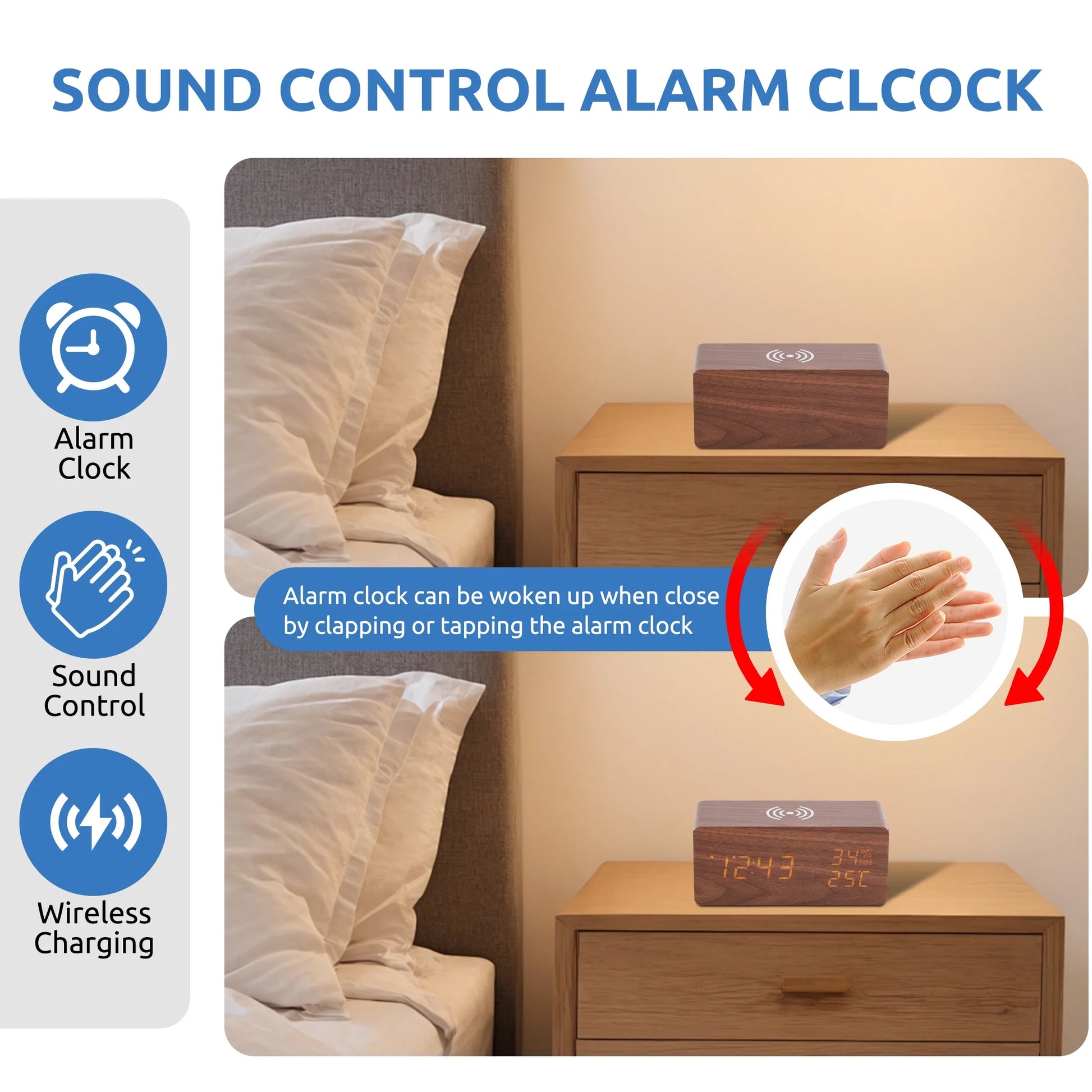 Wooden Digital Alarm Clock with Wireless Charging Stylish LED Display for Bedrooms Adjustable Brightness and Voice Control Alarm Clock Perfect for Desks-Brown