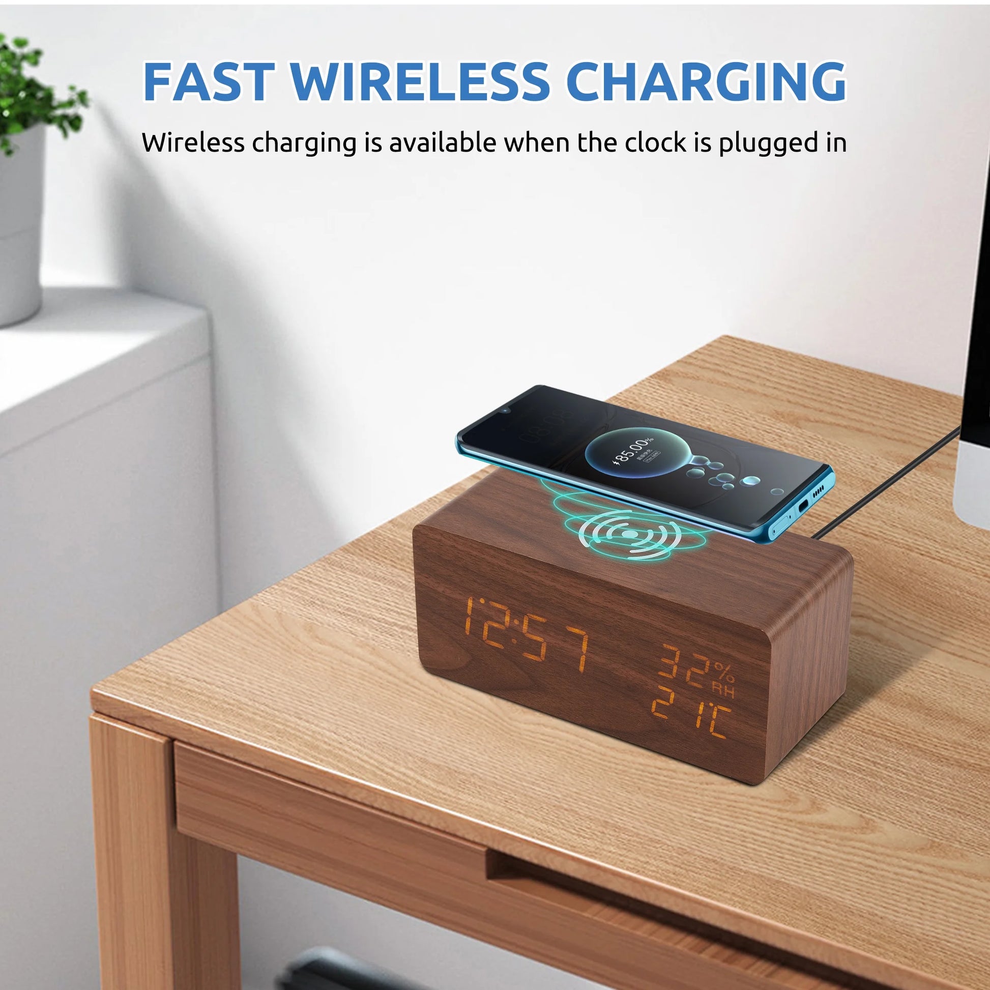 Wooden Digital Alarm Clock with Wireless Charging Stylish LED Display for Bedrooms Adjustable Brightness and Voice Control Alarm Clock Perfect for Desks-Brown