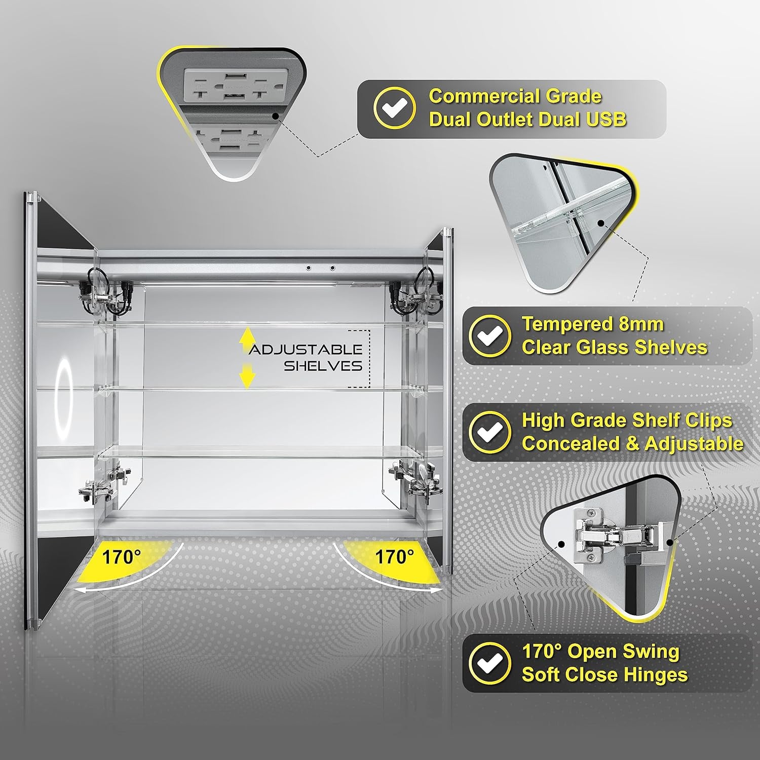 LED Mirror Medicine Cabinet Recessed or Surface, Defogger, Dimmer, Clock, Room Temp Display, Makeup Mirror 3X, Outlets & Usbs (Rubini 36X32)