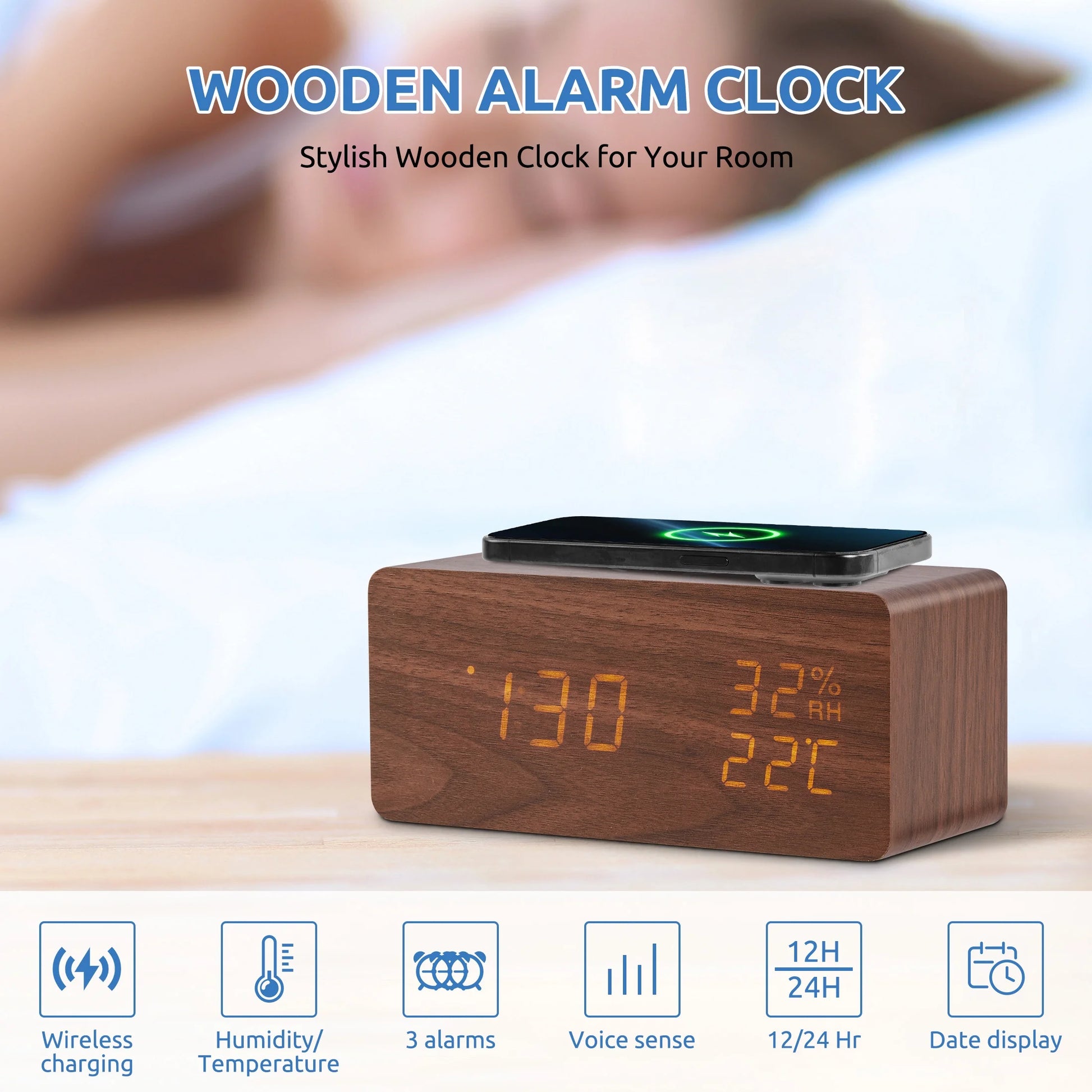 Wooden Digital Alarm Clock with Wireless Charging Stylish LED Display for Bedrooms Adjustable Brightness and Voice Control Alarm Clock Perfect for Desks-Brown
